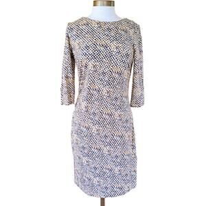 J McLaughlin Bainbridge Sheath Dress Tan Blue 3/4 Sleeve Medium